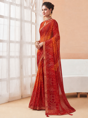 Women's red orange bandhani print chiffon bandhej style saree with matching blouse 2
