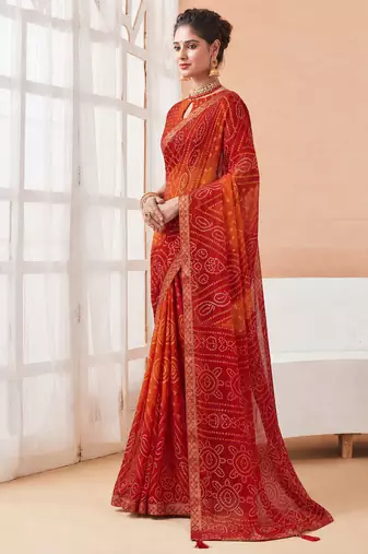 Women's red orange bandhani print chiffon bandhej style saree with matching blouse
