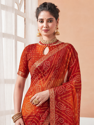 Women's red orange bandhani print chiffon bandhej style saree with matching blouse 3