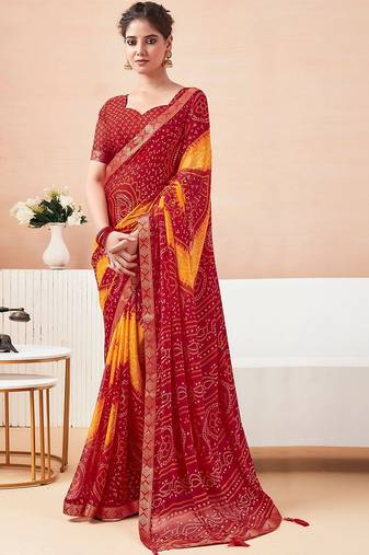 Women's red yellow bandhani print chiffon bandhej style saree with matching blouse