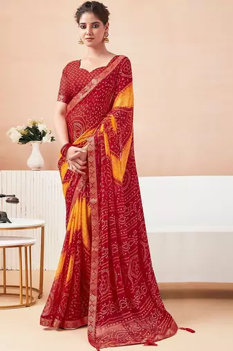 Women's red yellow bandhani print chiffon bandhej style saree with matching blouse
