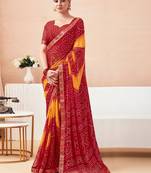 Women's red yellow bandhani print chiffon bandhej style saree with matching blouse
