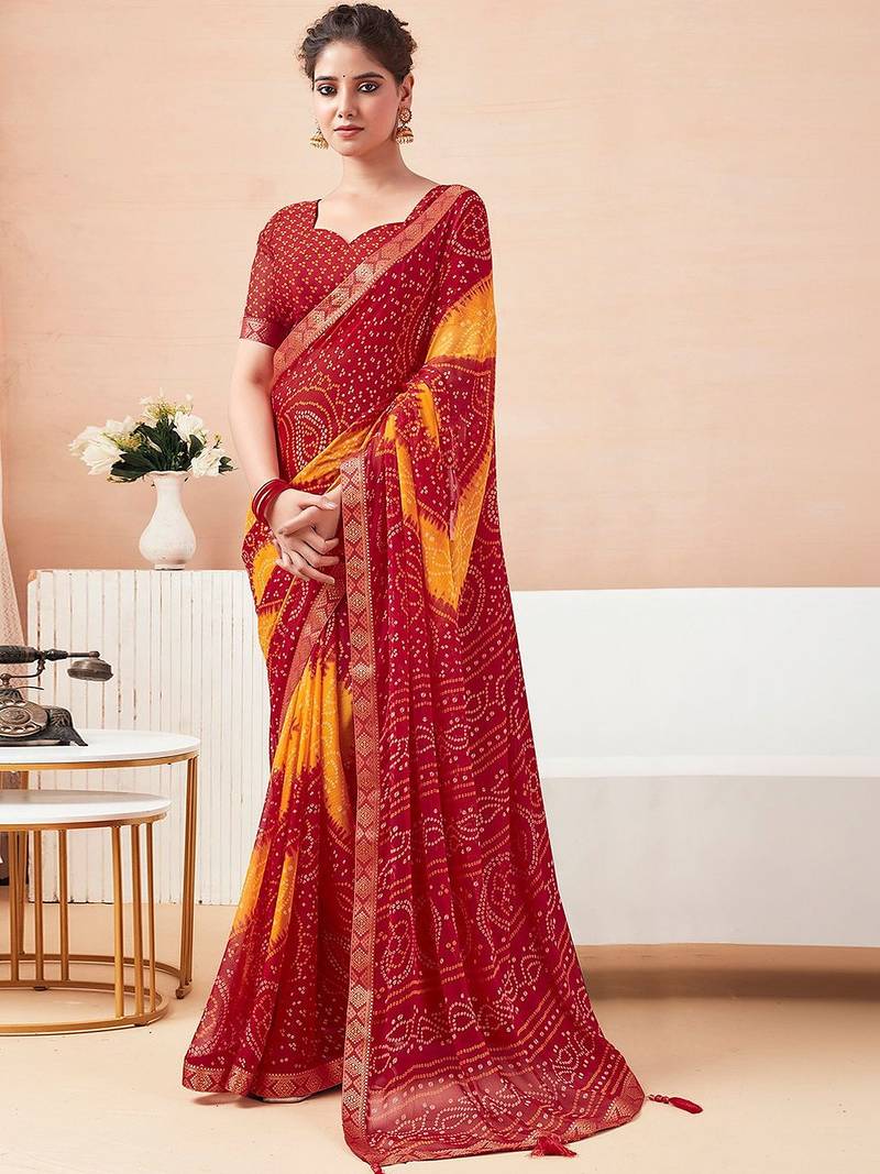 Women's red yellow bandhani print chiffon bandhej style saree with matching blouse