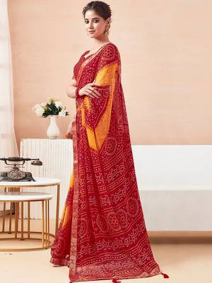 Women's red yellow bandhani print chiffon bandhej style saree with matching blouse 2