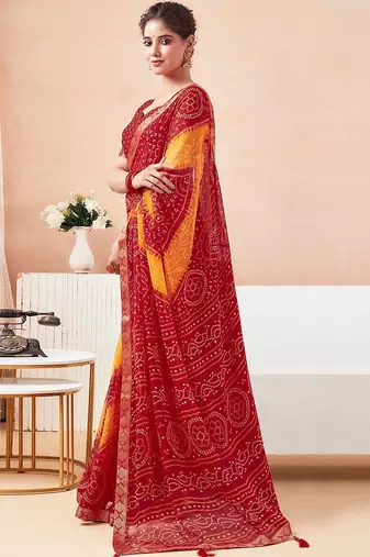 Women's red yellow bandhani print chiffon bandhej style saree with matching blouse