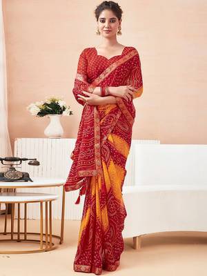 Women's red yellow bandhani print chiffon bandhej style saree with matching blouse 3