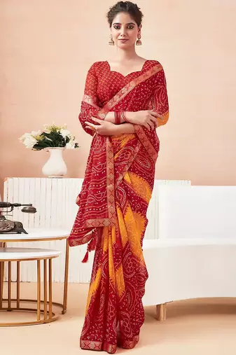 Women's red yellow bandhani print chiffon bandhej style saree with matching blouse