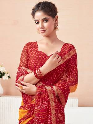 Women's red yellow bandhani print chiffon bandhej style saree with matching blouse 4