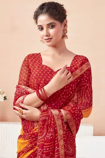 Women's red yellow bandhani print chiffon bandhej style saree with matching blouse