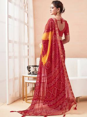 Women's red yellow bandhani print chiffon bandhej style saree with matching blouse 5