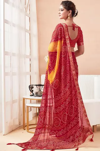Women's red yellow bandhani print chiffon bandhej style saree with matching blouse