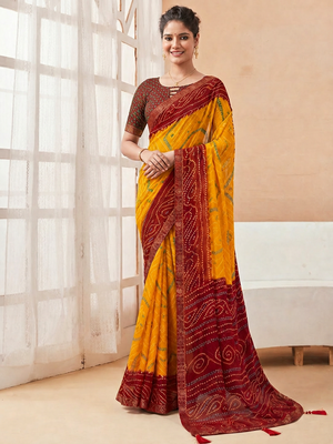 Women's yellow dark red bandhani print chiffon bandhej style saree with matching blouse 1