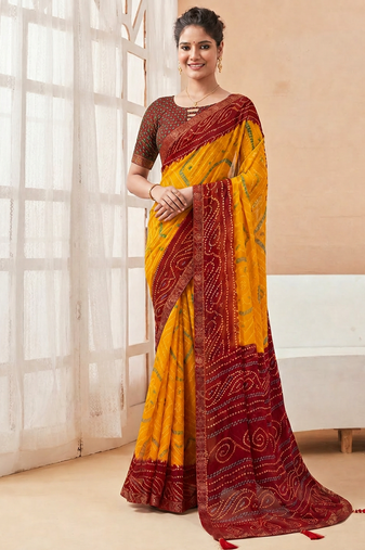 Women's yellow dark red bandhani print chiffon bandhej style saree with matching blouse