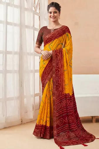 Women's yellow dark red bandhani print chiffon bandhej style saree with matching blouse