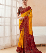 Women's yellow dark red bandhani print chiffon bandhej style saree with matching blouse