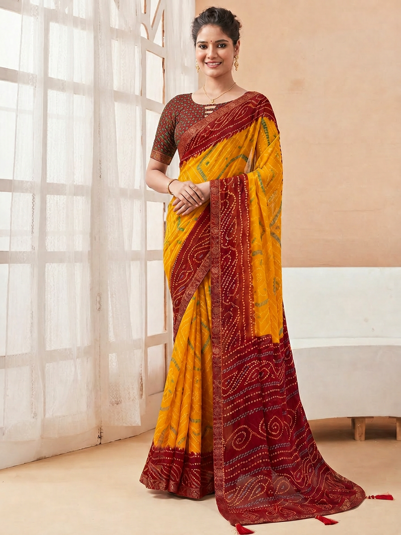Women's yellow dark red bandhani print chiffon bandhej style saree with matching blouse
