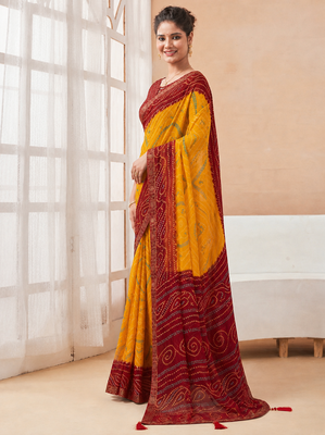Women's yellow dark red bandhani print chiffon bandhej style saree with matching blouse 2