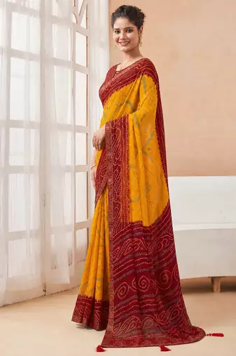 Women's yellow dark red bandhani print chiffon bandhej style saree with matching blouse