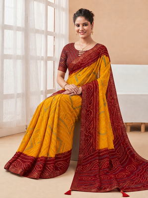 Women's yellow dark red bandhani print chiffon bandhej style saree with matching blouse 3