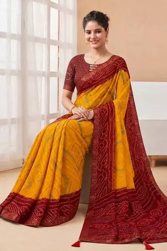 Women's yellow dark red bandhani print chiffon bandhej style saree with matching blouse