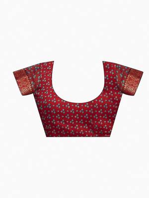 Women's yellow dark red bandhani print chiffon bandhej style saree with matching blouse 5