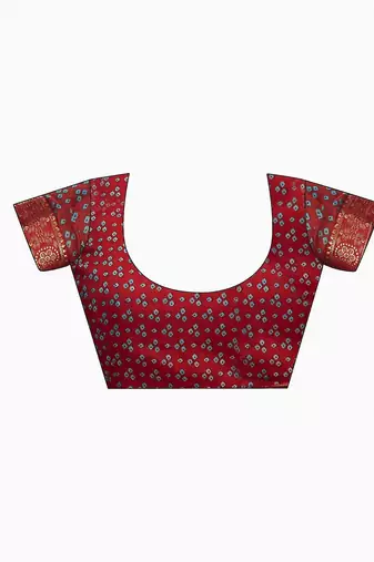 Women's yellow dark red bandhani print chiffon bandhej style saree with matching blouse