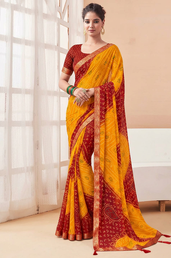 Women's yellow bandhani print chiffon bandhej style saree with matching blouse