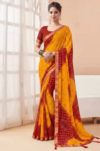 Women's yellow bandhani print chiffon bandhej style saree with matching blouse