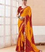 Women's yellow bandhani print chiffon bandhej style saree with matching blouse