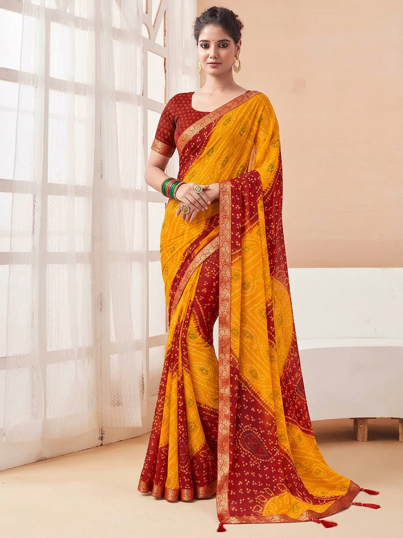 Women's yellow bandhani print chiffon bandhej style saree with matching blouse