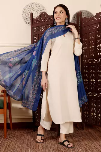 Women's Gorgeous Solid Chanderi Silk Fabric Straight Kurta Pant and Dupatta Set