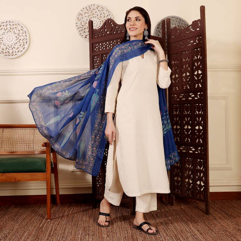 Women's Gorgeous Solid Chanderi Silk Fabric Straight Kurta Pant and Dupatta Set