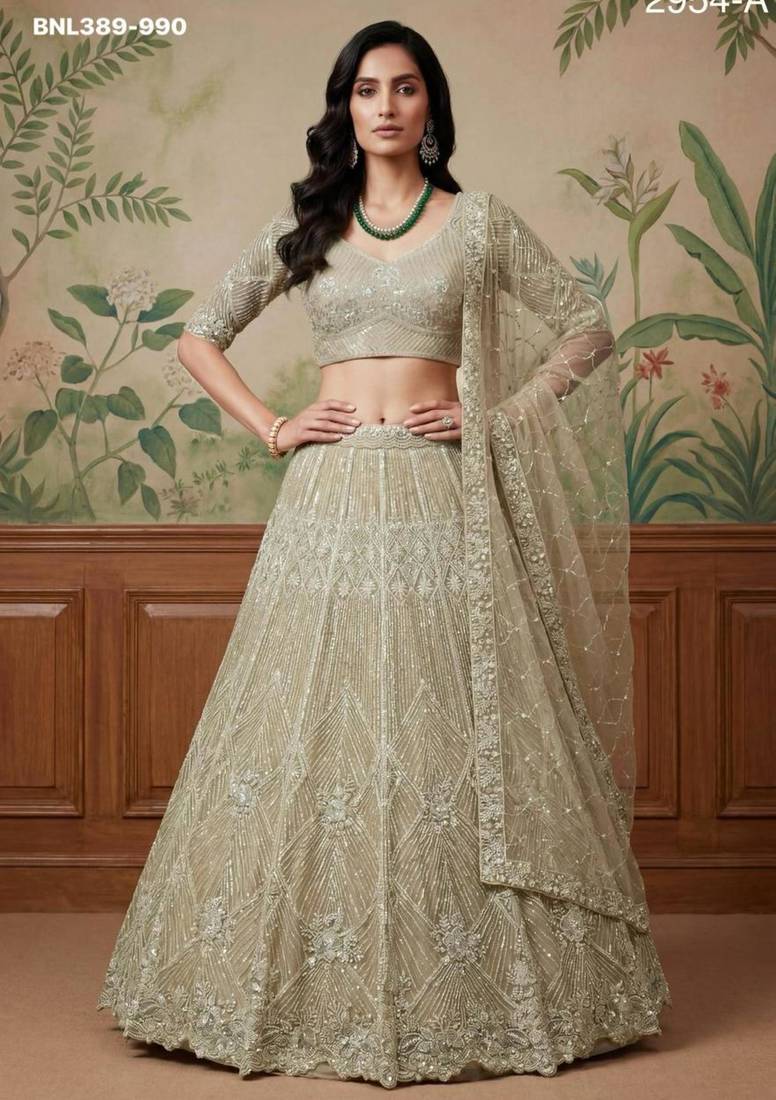 beige net embroidered lehengas
