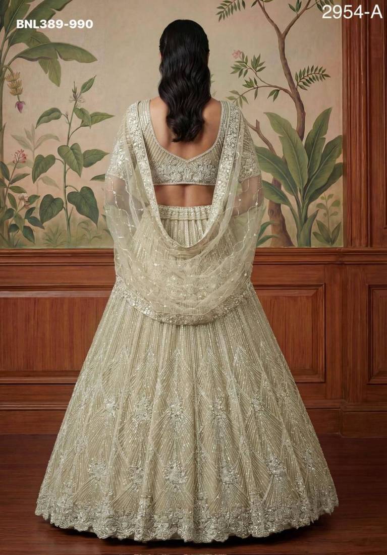 beige net embroidered lehengas