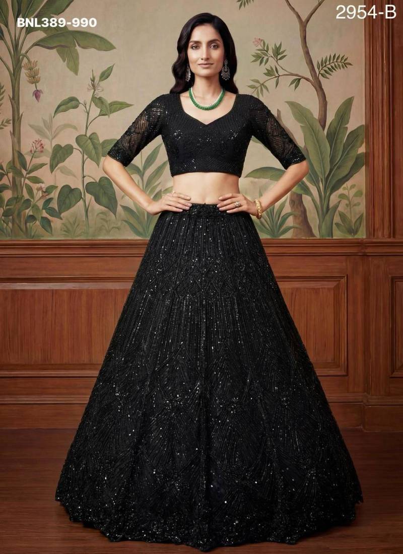black net embroidered lehengas