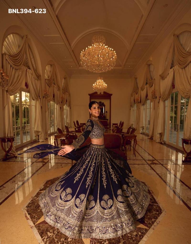 navy-blue art_silk embroidered lehengas