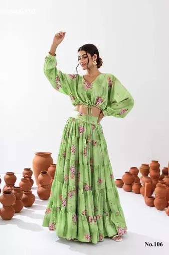 light green printed crepe lehenga set