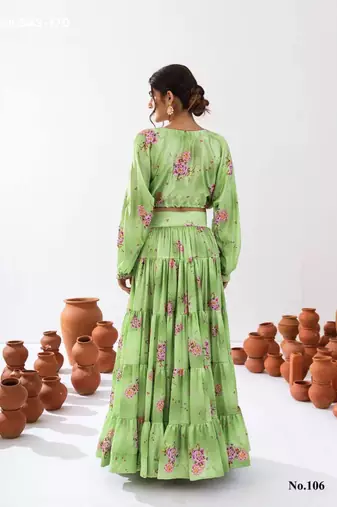 light green printed crepe lehenga set