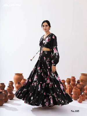 black printed crepe lehenga set 1