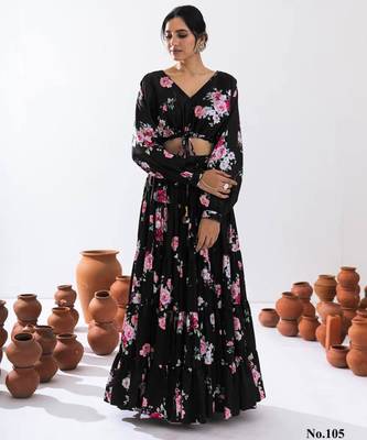 black printed crepe lehenga set 3