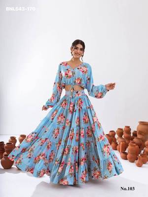 sky blue printed crepe lehenga set 1