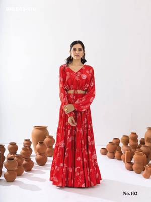 red printed crepe lehenga choli set 2