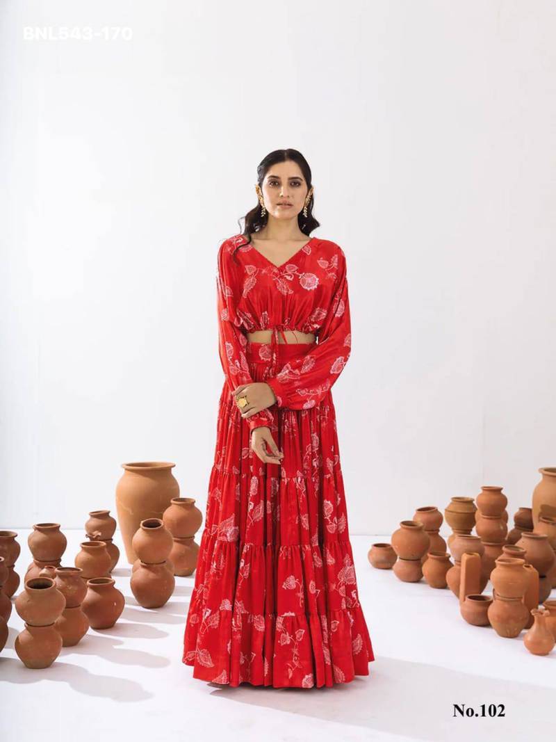 red crepe printed Lehenga set