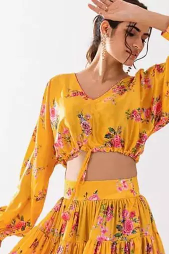 yellow printed crepe lehenga set