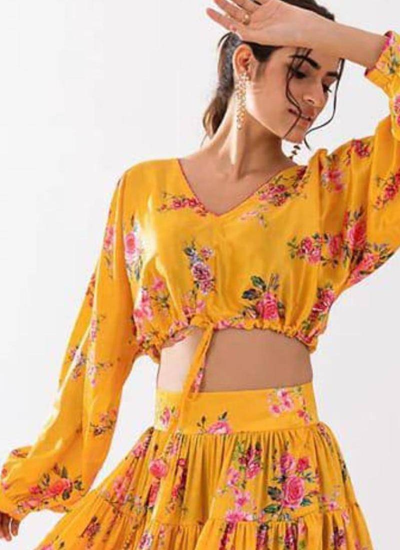 yellow crepe printed Lehenga set