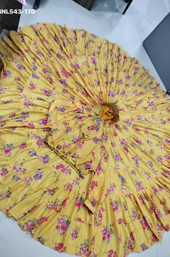 yellow printed crepe lehenga set