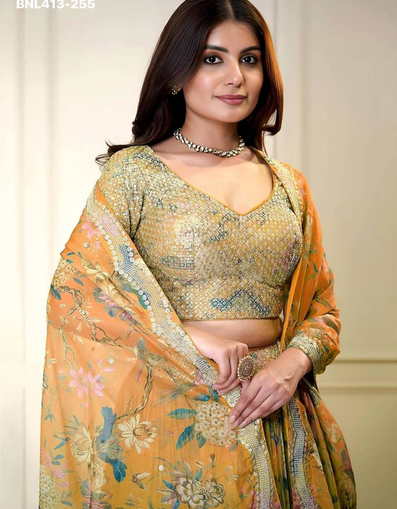 orange organza printed lehengas
