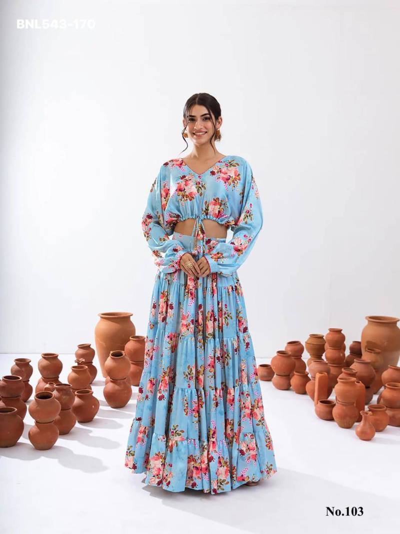 sky blue crepe printed Lehenga set