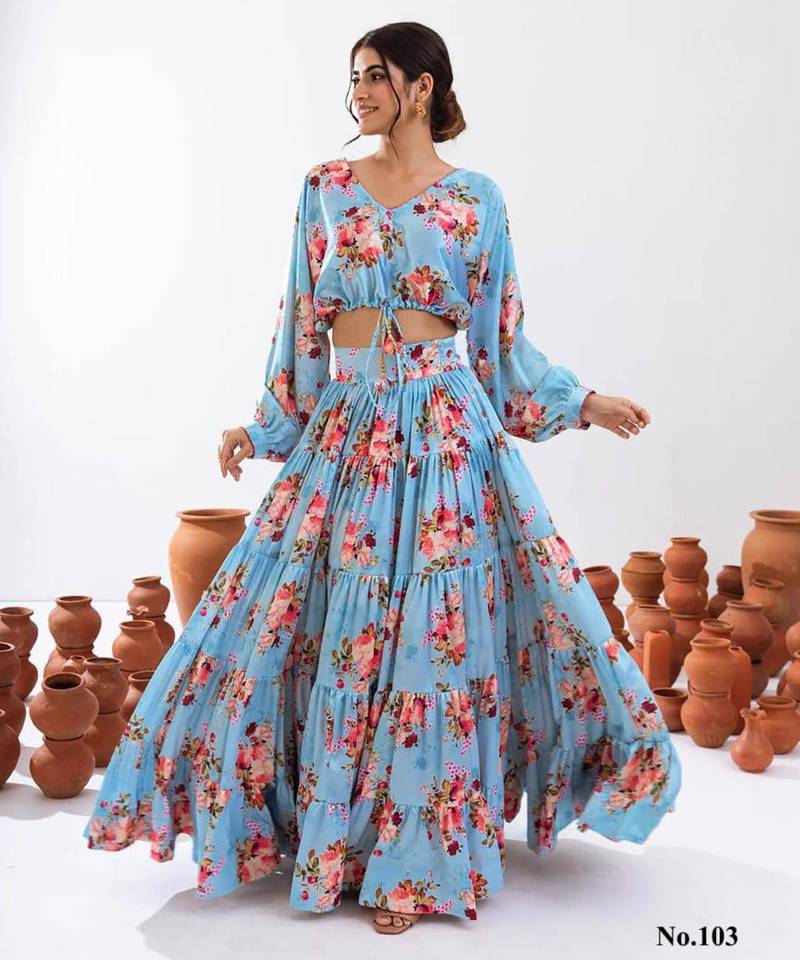 sky blue crepe printed Lehenga set