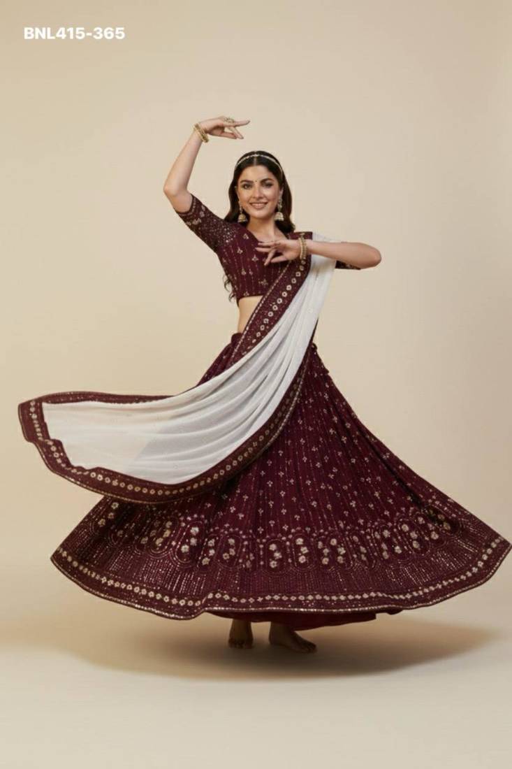 maroon georgette embroidered lehengas